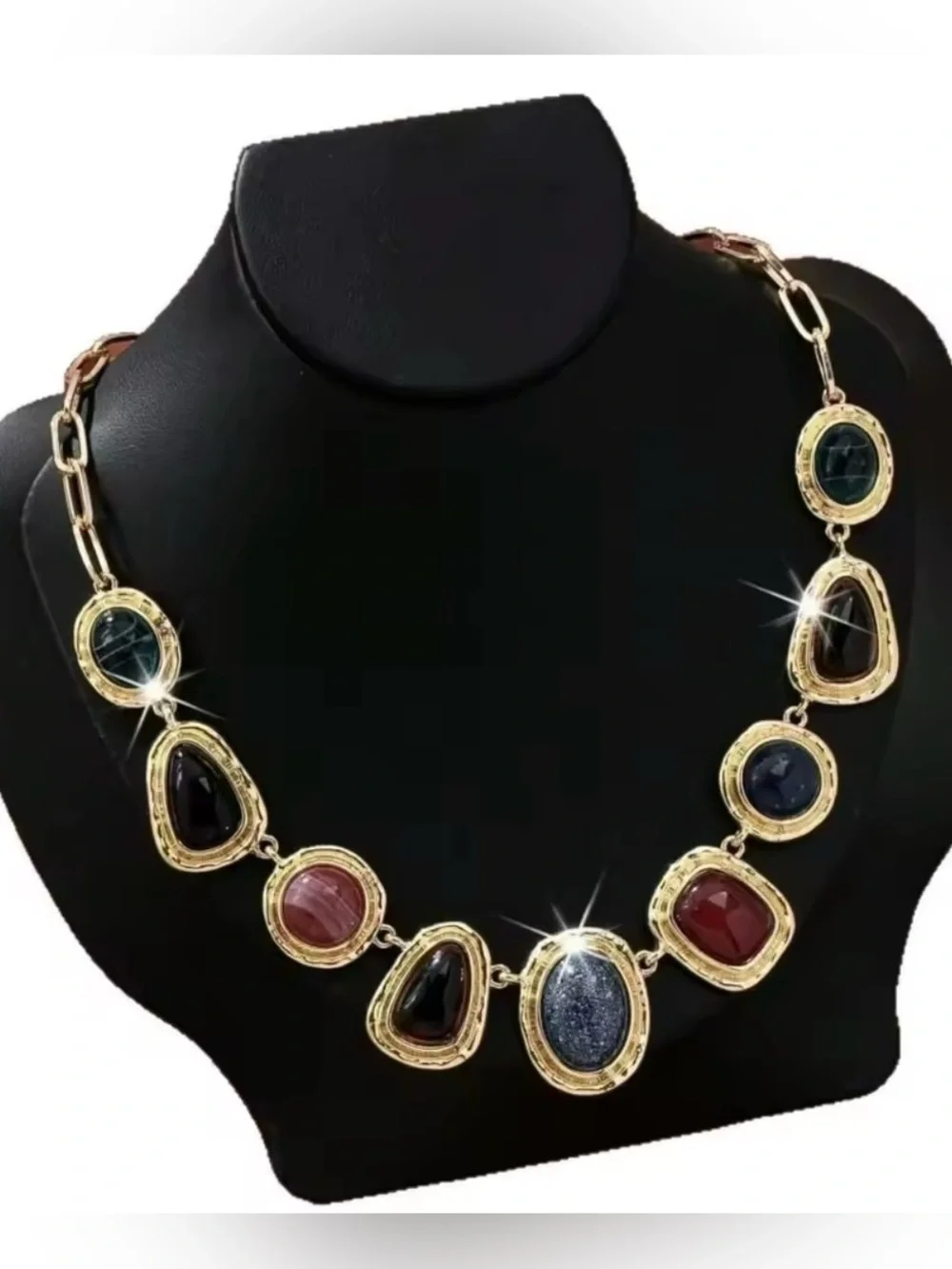 Gold tone Multi-Stone Statement Necklace in Blue and Red Elegant Necklace.
